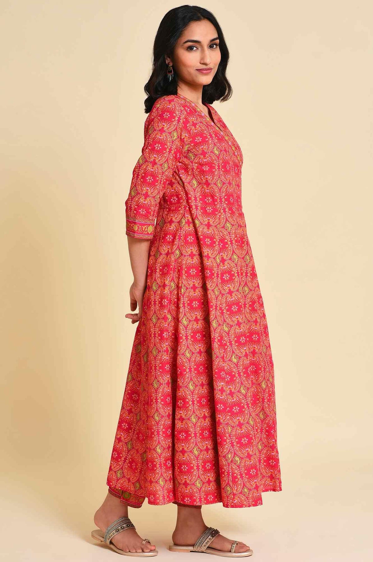 W for Woman Pink Multicolor Printed Angrakha kurta Set | Grocsy