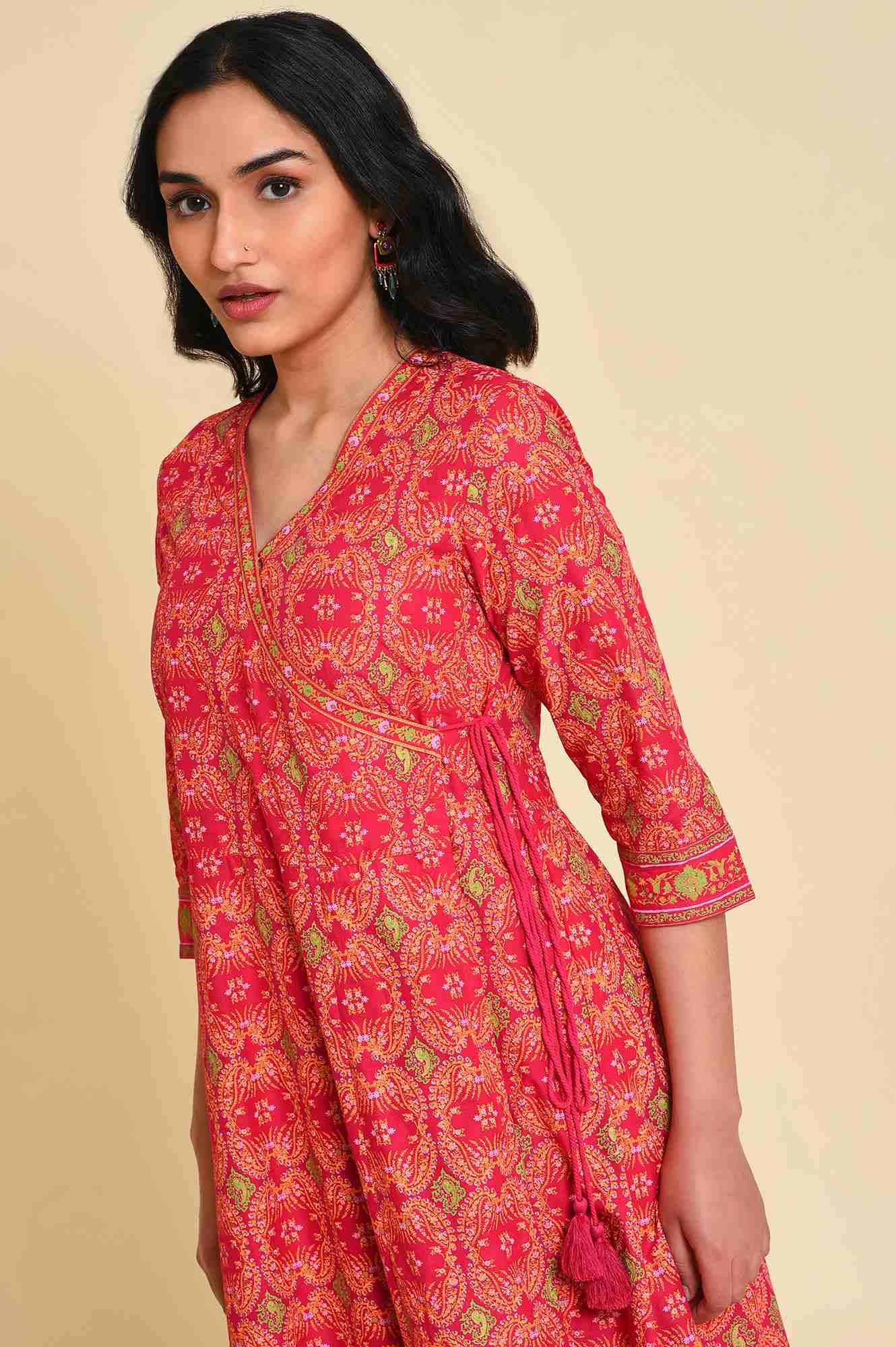 W for Woman Pink Multicolor Printed Angrakha kurta Set | Grocsy