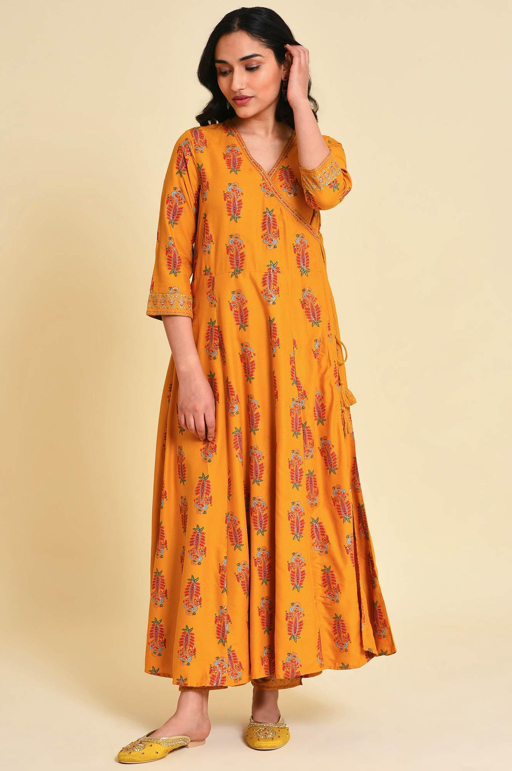 W for Woman Yellow Multicolor Printed Angrakha kurta Set | Grocsy