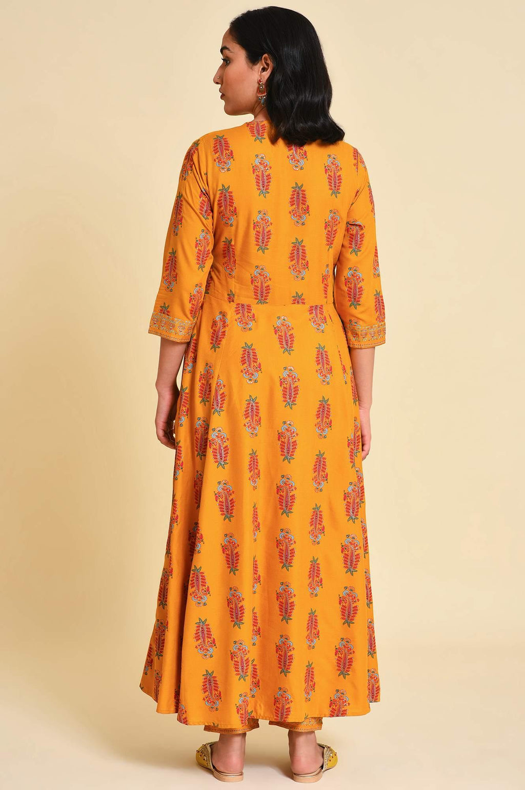 W for Woman Yellow Multicolor Printed Angrakha kurta Set | Grocsy