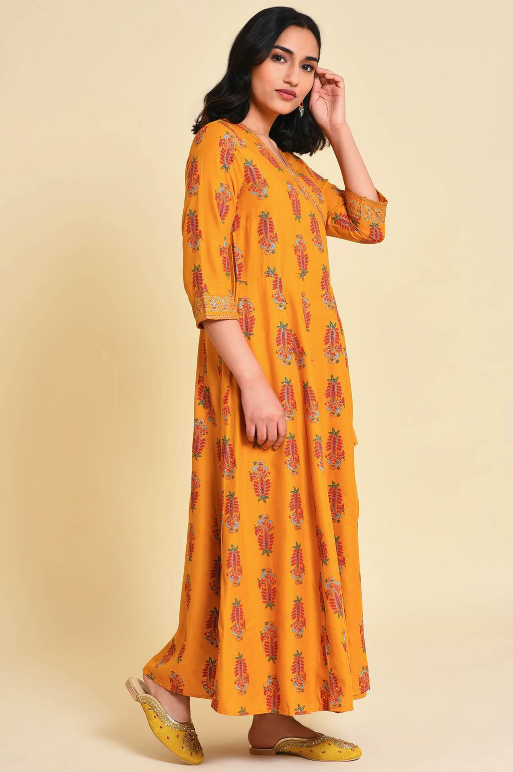 W for Woman Yellow Multicolor Printed Angrakha kurta Set | Grocsy