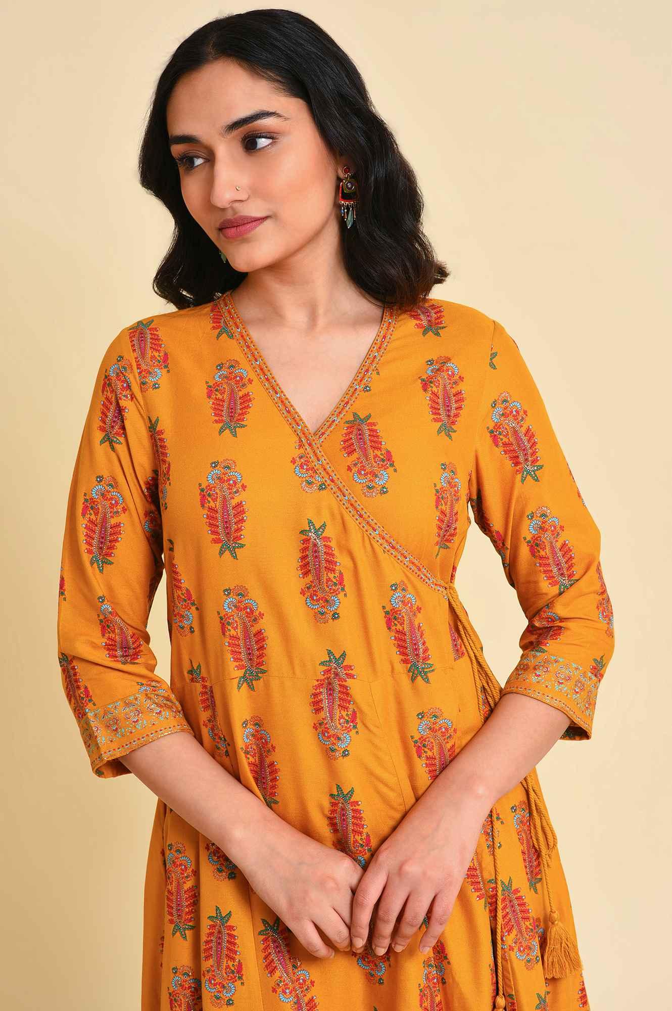 W for Woman Yellow Multicolor Printed Angrakha kurta Set | Grocsy