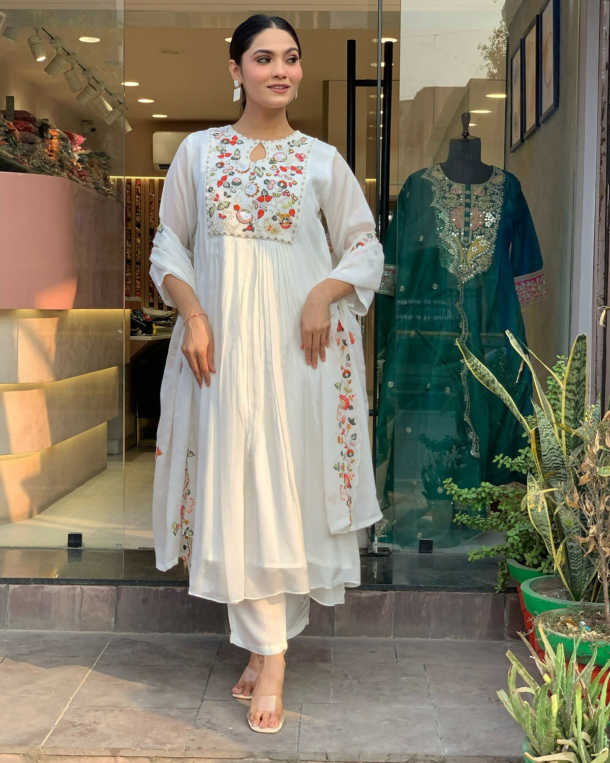 The52 White Women's Gorgeous Embroidered Viscose Chiffon Fabric Pleated Kurta Pant with Dupatta Set | Grocsy