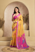 Vastranavya Mustard Digital Printed Linen Ready To Wear Designer Saree with Unstitched Blouse | Grocsy