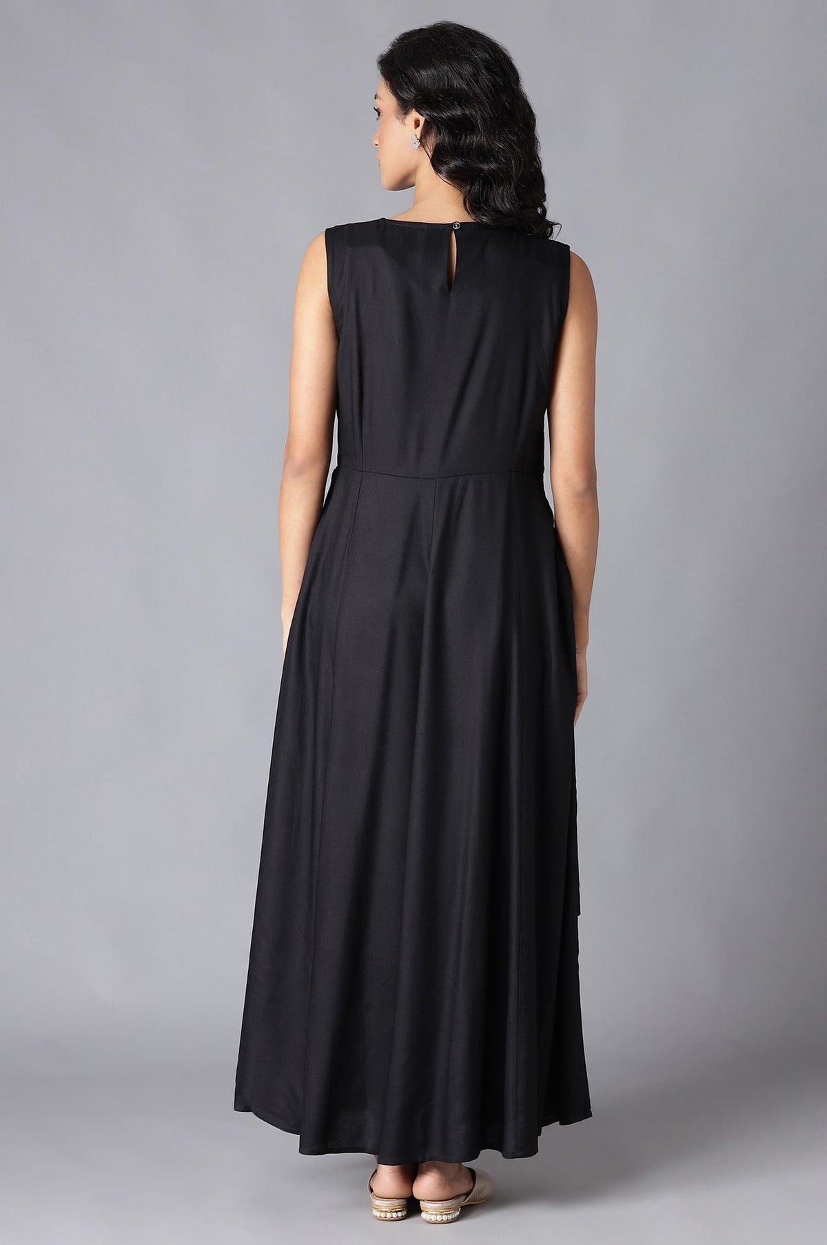 W for Woman Black Angrakha Maxi Dress In Round Neck | Grocsy