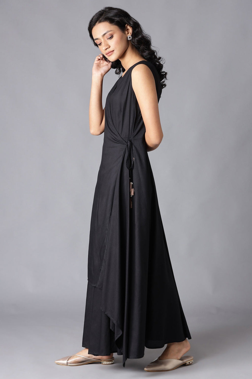 W for Woman Black Angrakha Maxi Dress In Round Neck | Grocsy