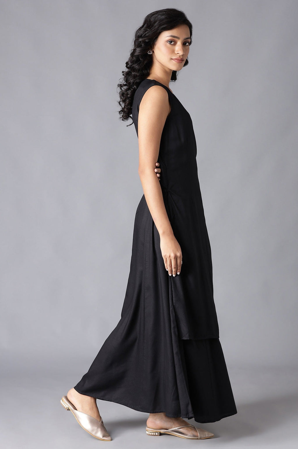 W for Woman Black Angrakha Maxi Dress In Round Neck | Grocsy