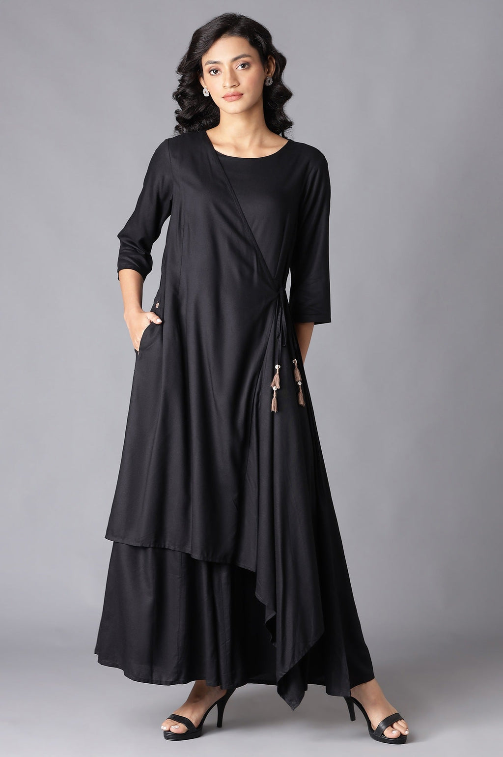 W for Woman Black Angrakha Maxi Dress In Round Neck | Grocsy
