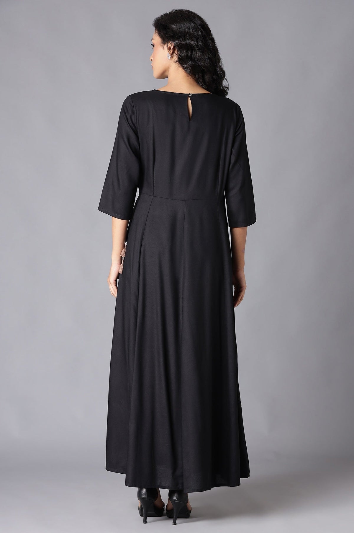 W for Woman Black Angrakha Maxi Dress In Round Neck | Grocsy