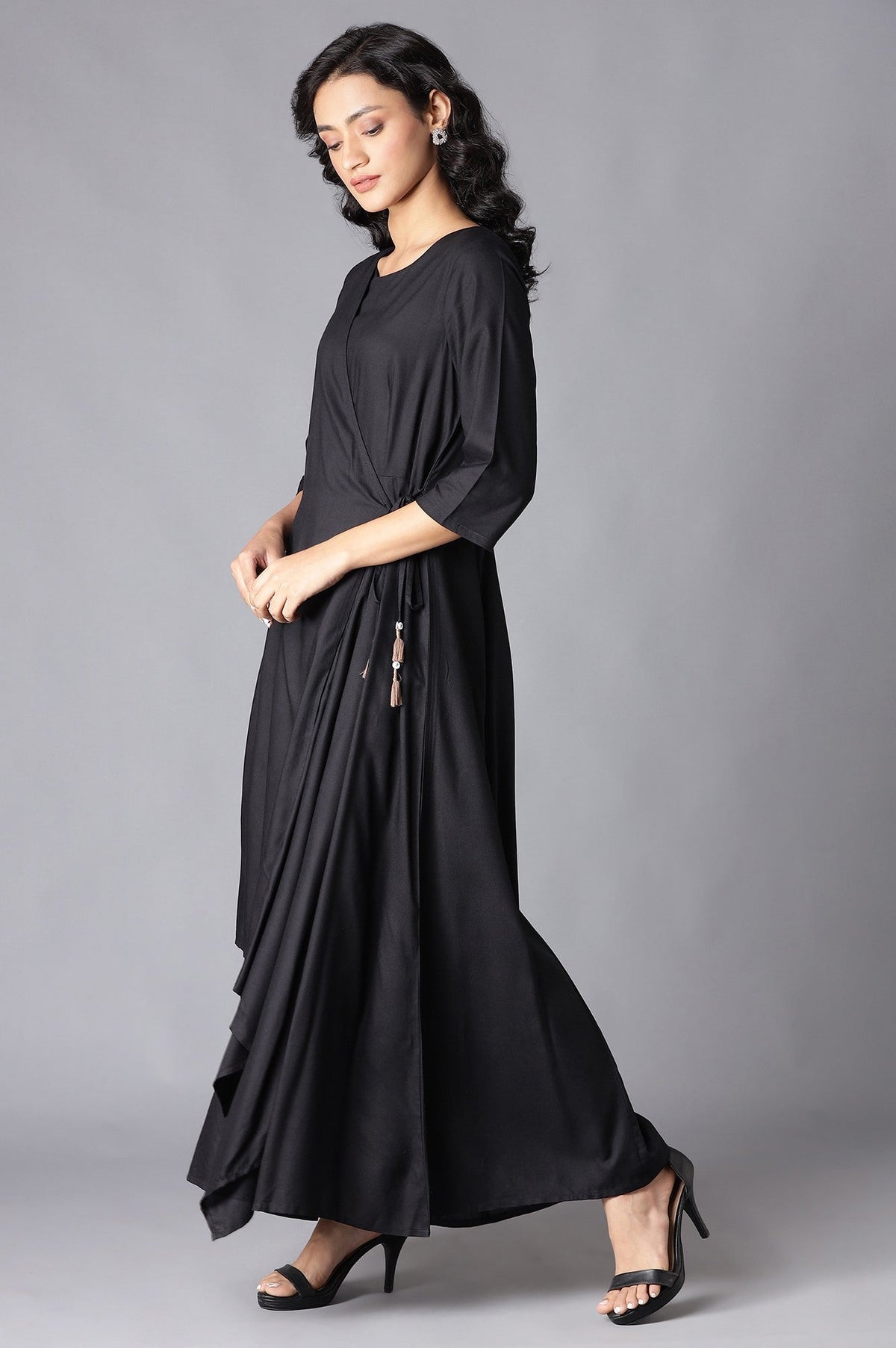 W for Woman Black Angrakha Maxi Dress In Round Neck | Grocsy