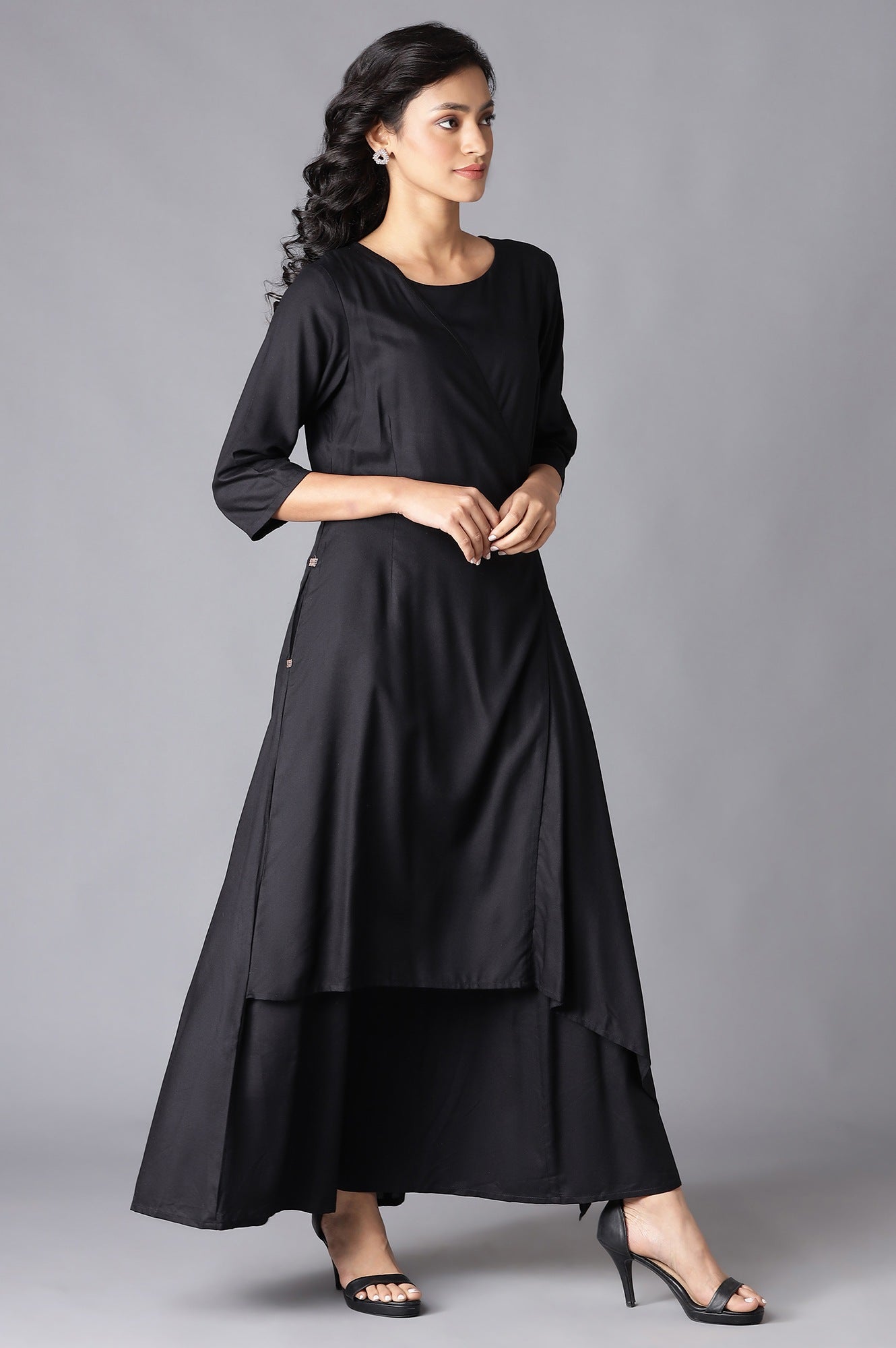 W for Woman Black Angrakha Maxi Dress In Round Neck | Grocsy