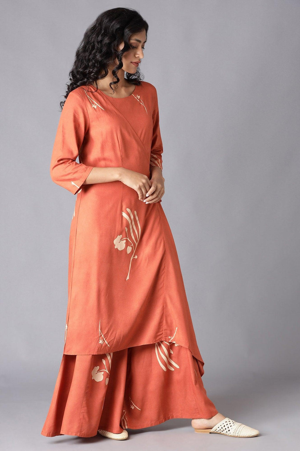 W for Woman Rust Orange Angrakha Jumpsuit In Round Neck | Grocsy