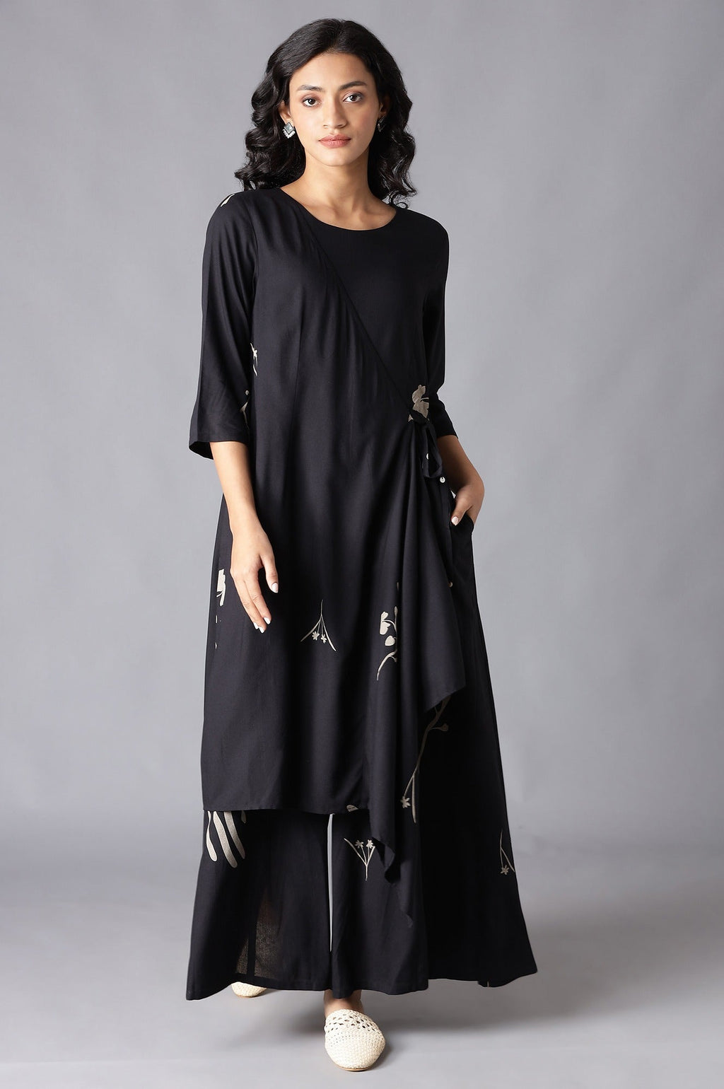 W for Woman Black Angrakha Jumpsuit in Round Neck | Grocsy