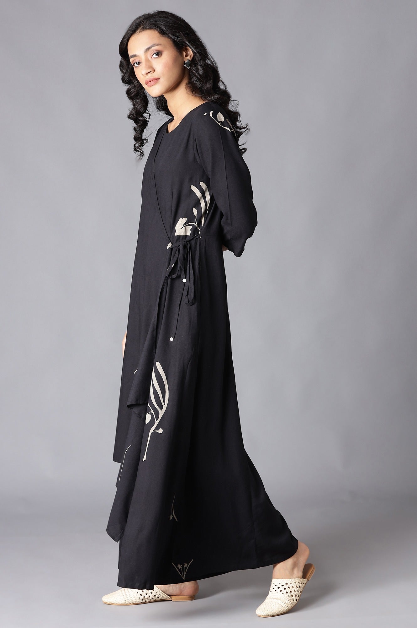 W for Woman Black Angrakha Jumpsuit in Round Neck | Grocsy