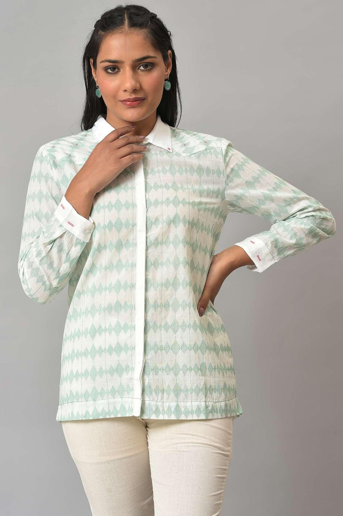 W for Woman White And Green Dobby Textured Shirt | Grocsy