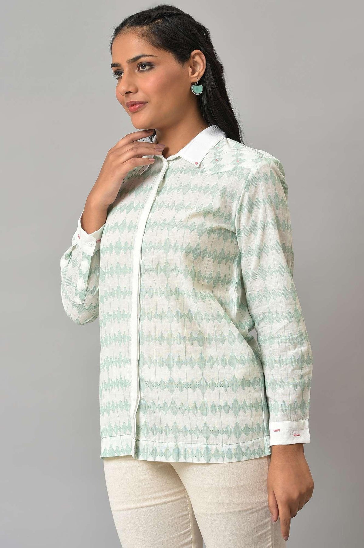 W for Woman White And Green Dobby Textured Shirt | Grocsy