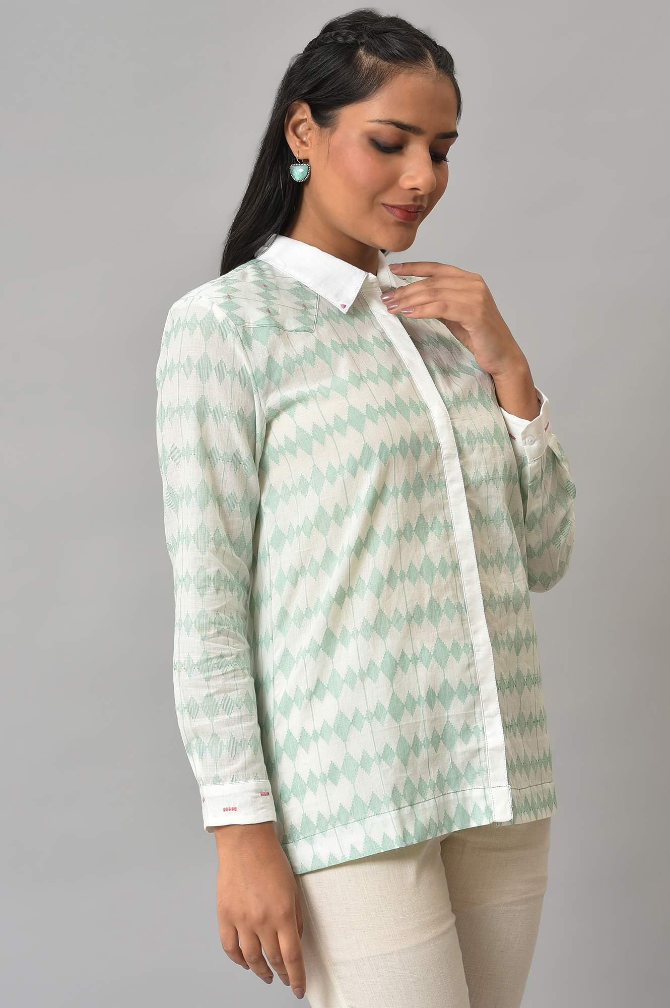 W for Woman White And Green Dobby Textured Shirt | Grocsy