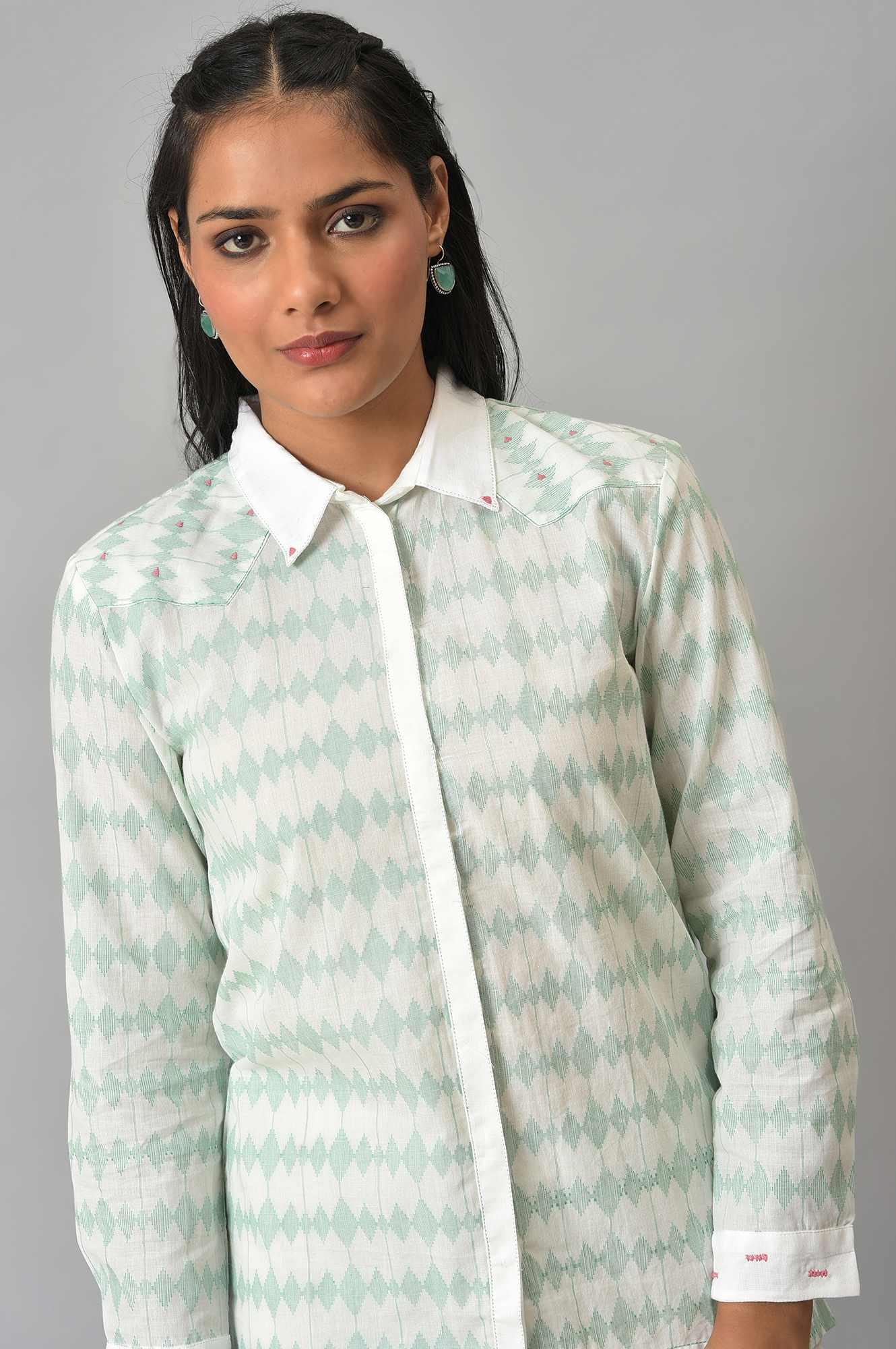 W for Woman White And Green Dobby Textured Shirt | Grocsy