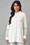 W for Woman White Panelled Shirt With Embroidered Organza Sleeves | Grocsy