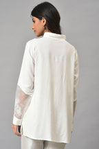 W for Woman White Panelled Shirt With Embroidered Organza Sleeves | Grocsy