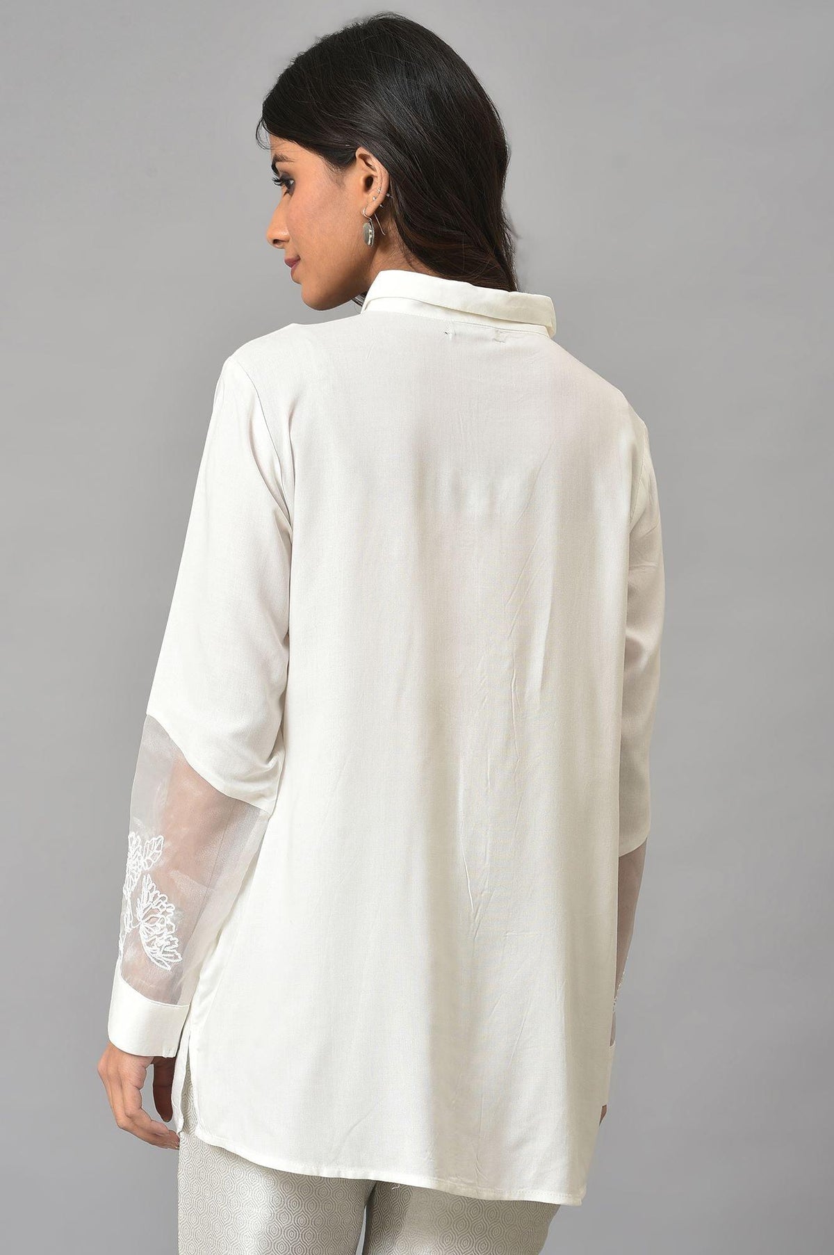W for Woman White Panelled Shirt With Embroidered Organza Sleeves | Grocsy