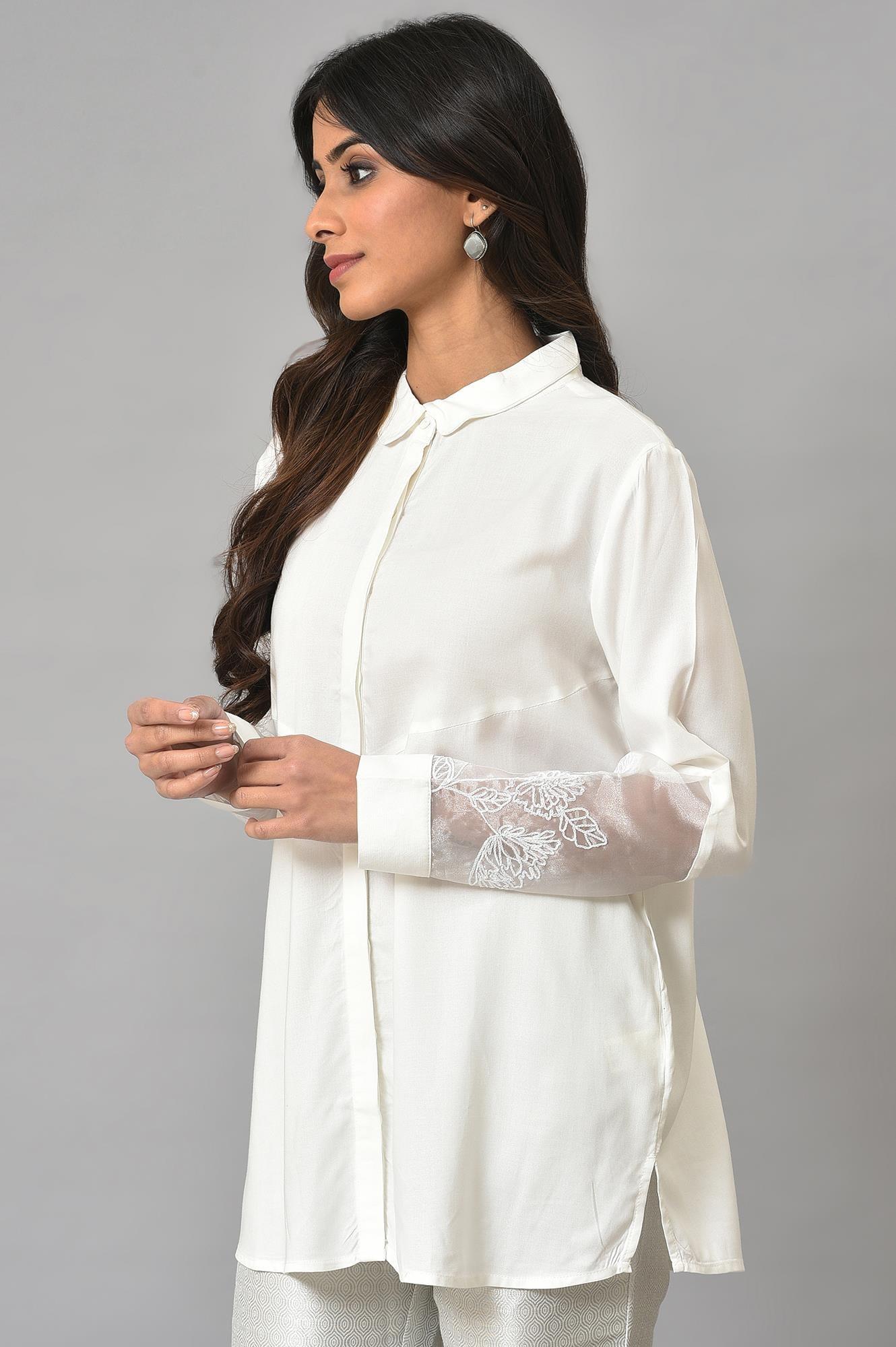 W for Woman White Panelled Shirt With Embroidered Organza Sleeves | Grocsy