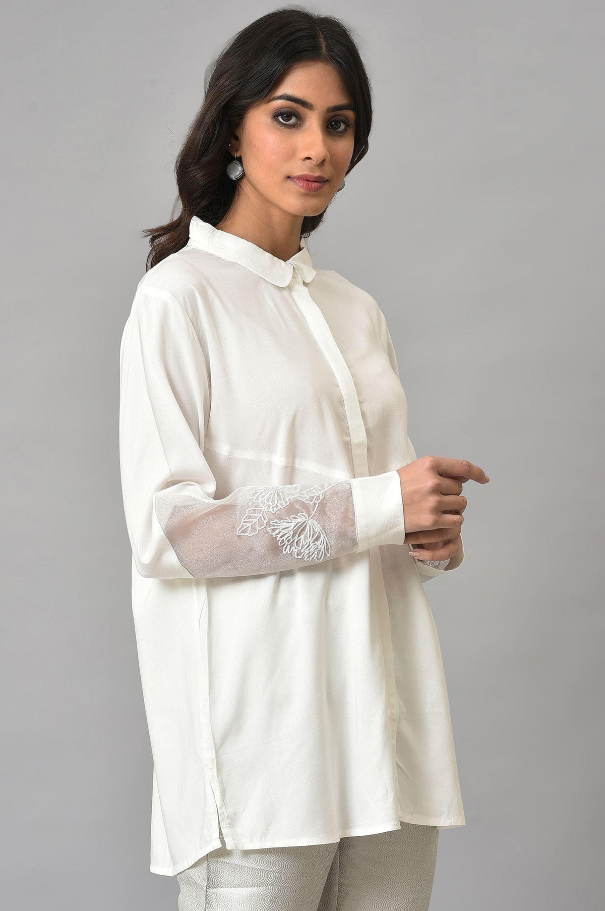 W for Woman White Panelled Shirt With Embroidered Organza Sleeves | Grocsy