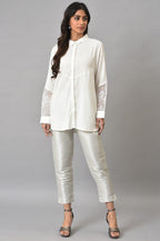 W for Woman White Panelled Shirt With Embroidered Organza Sleeves | Grocsy