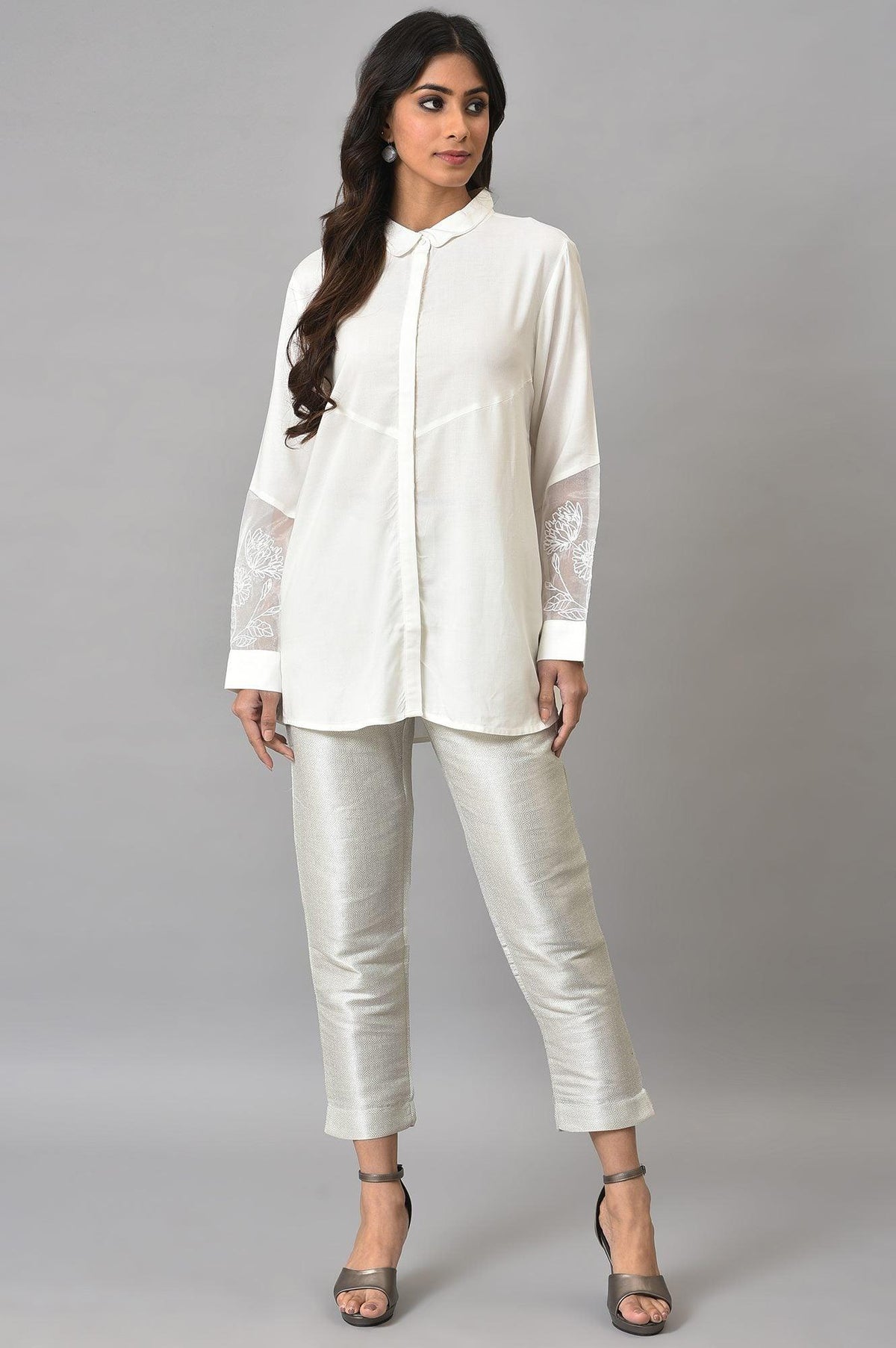 W for Woman White Panelled Shirt With Embroidered Organza Sleeves | Grocsy