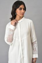 W for Woman White Panelled Shirt With Embroidered Organza Sleeves | Grocsy