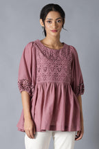 W for Woman Pink Gathered Schiffli Top In Round Neck | Grocsy