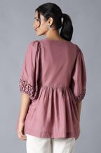 W for Woman Pink Gathered Schiffli Top In Round Neck | Grocsy