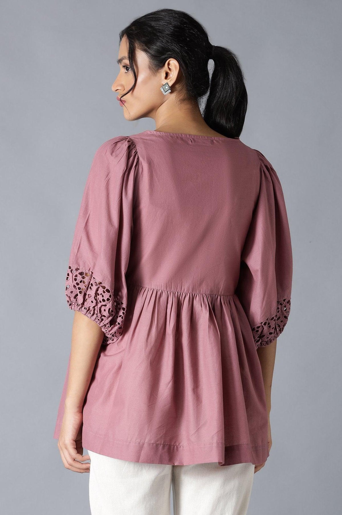 W for Woman Pink Gathered Schiffli Top In Round Neck | Grocsy