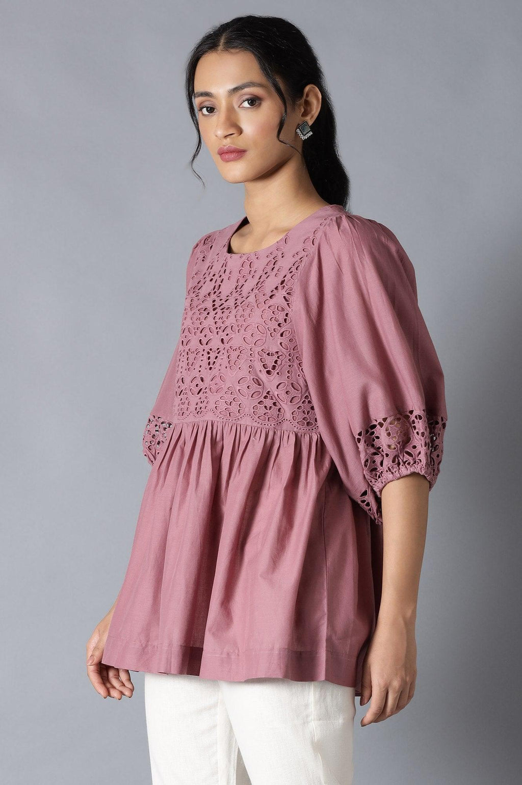 W for Woman Pink Gathered Schiffli Top In Round Neck | Grocsy
