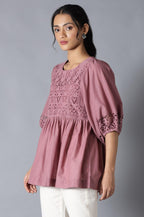 W for Woman Pink Gathered Schiffli Top In Round Neck | Grocsy