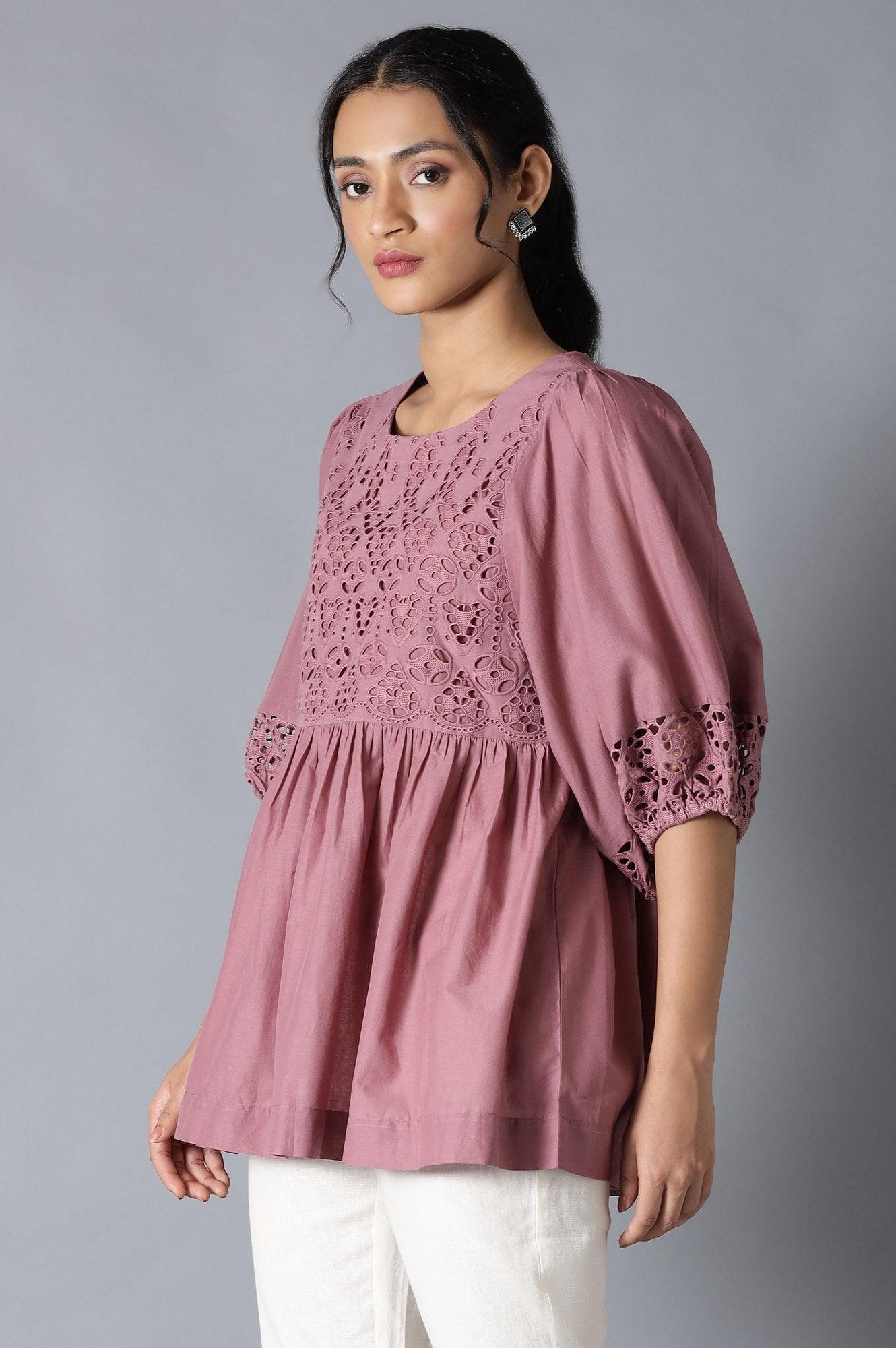 W for Woman Pink Gathered Schiffli Top In Round Neck | Grocsy