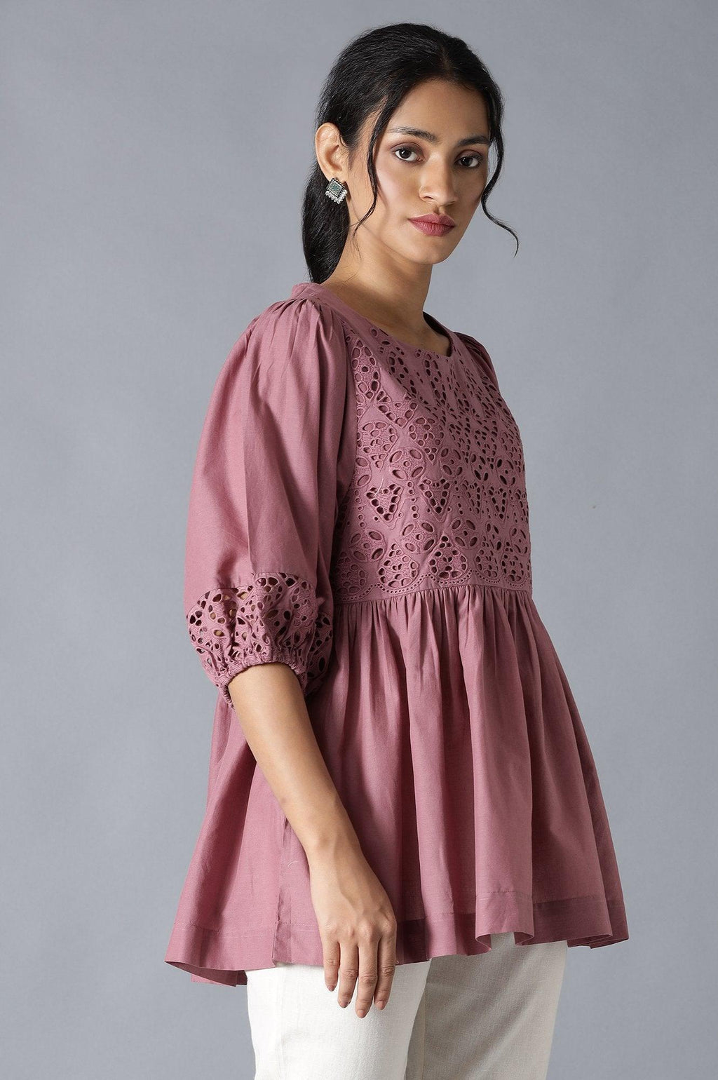W for Woman Pink Gathered Schiffli Top In Round Neck | Grocsy