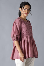 W for Woman Pink Gathered Schiffli Top In Round Neck | Grocsy