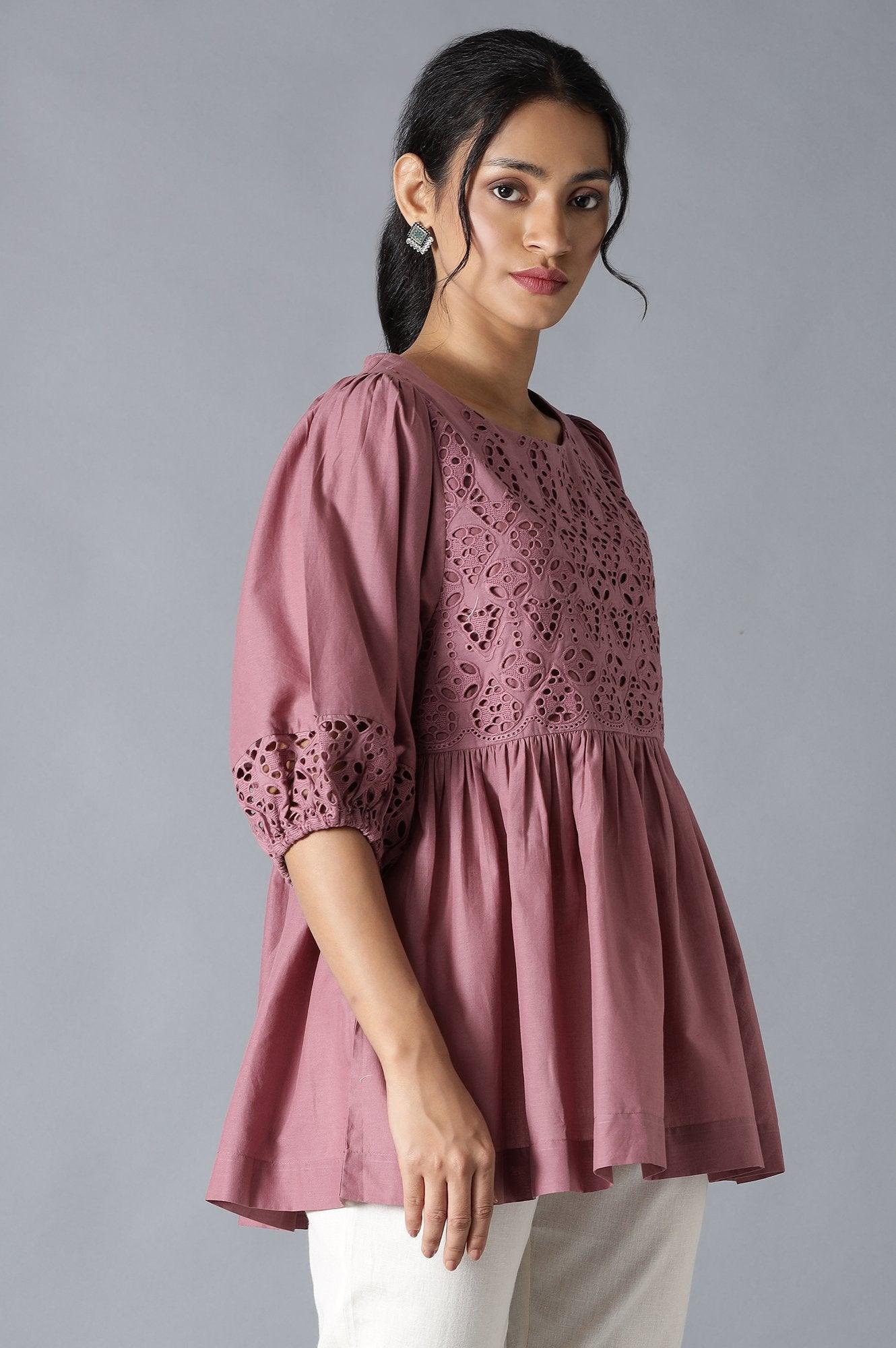 W for Woman Pink Gathered Schiffli Top In Round Neck | Grocsy