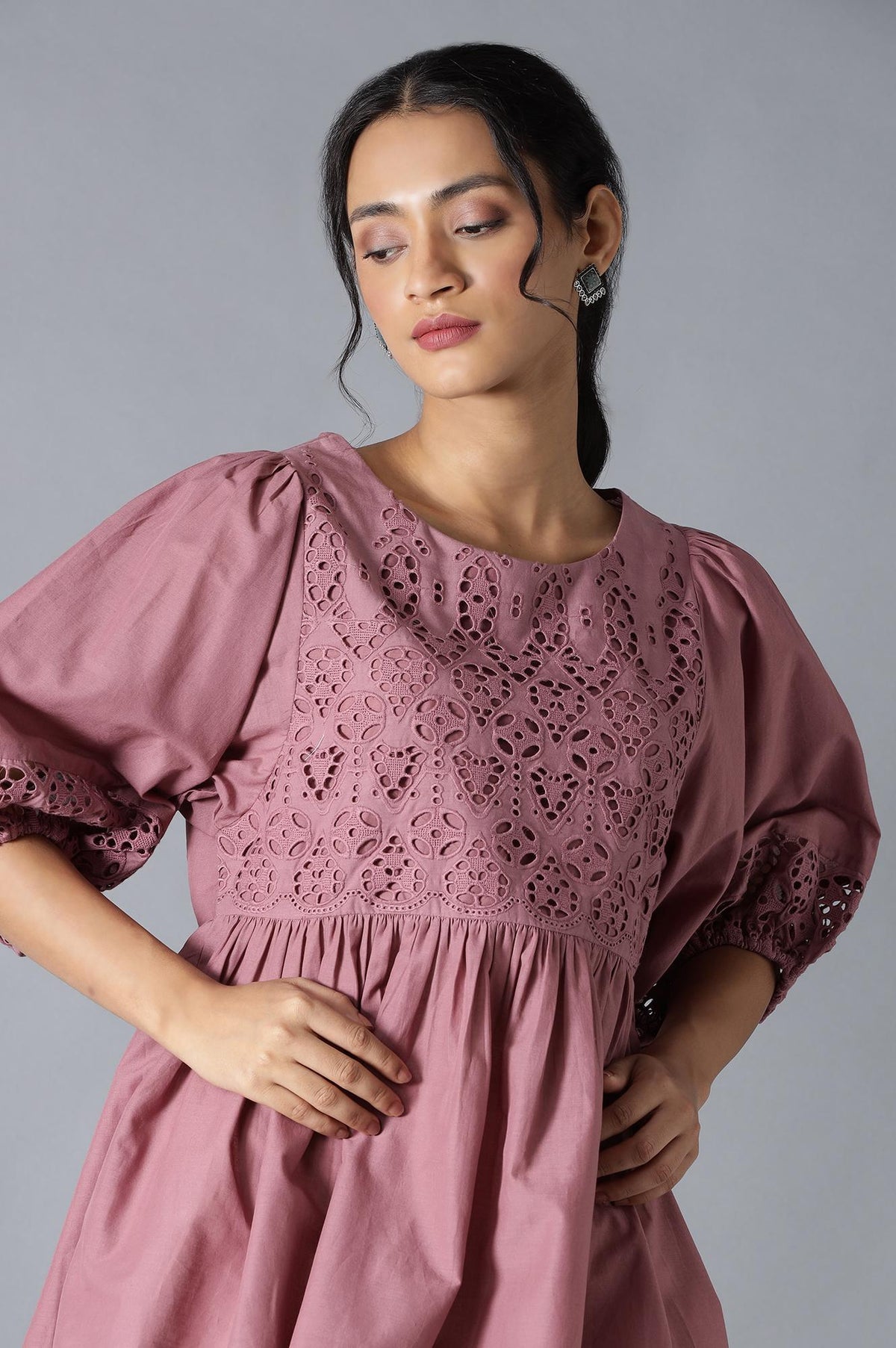 W for Woman Pink Gathered Schiffli Top In Round Neck | Grocsy