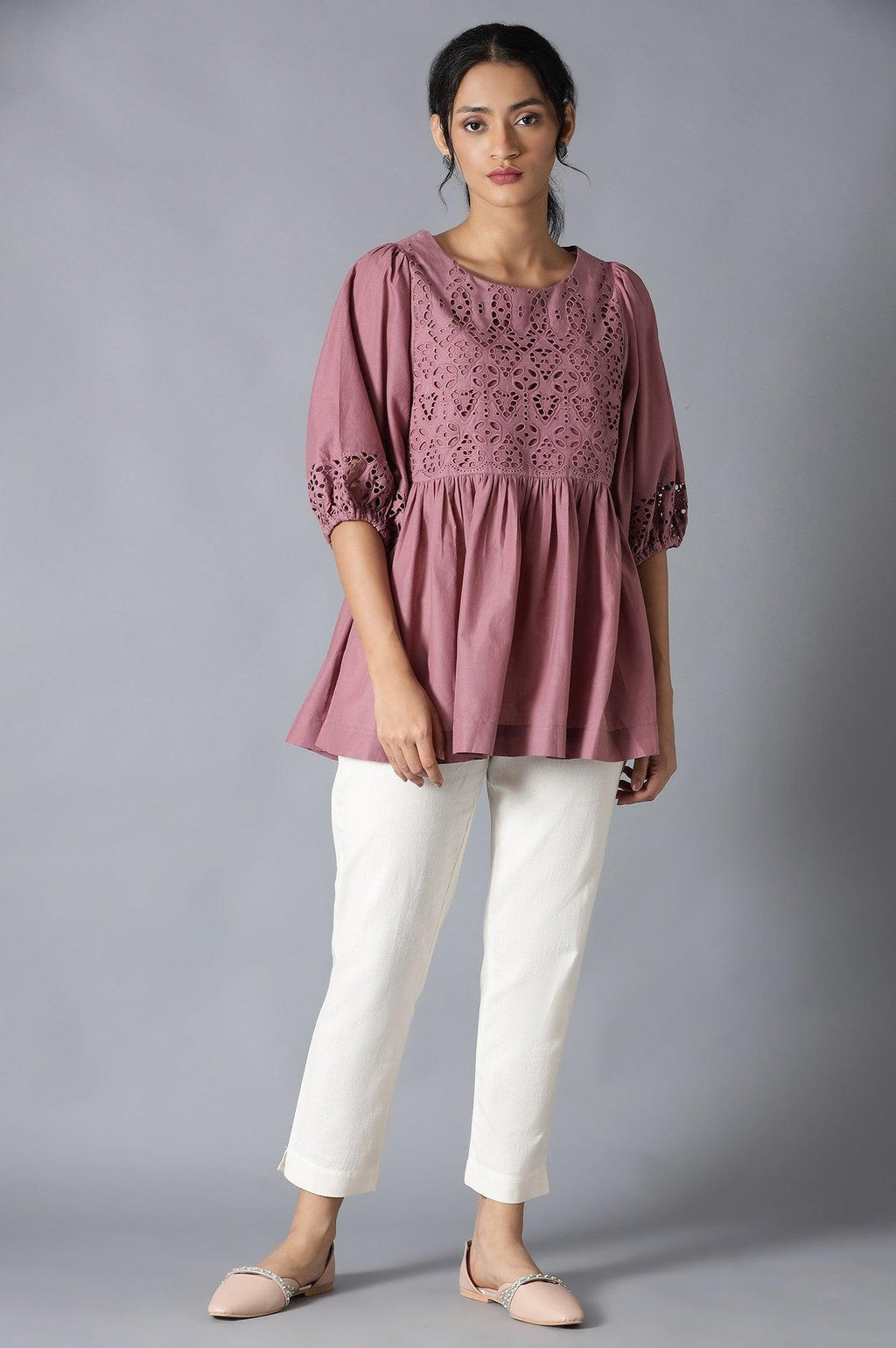 W for Woman Pink Gathered Schiffli Top In Round Neck | Grocsy
