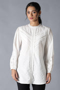 W for Woman White Top With Lace And Applique Embroidered Sleeves | Grocsy