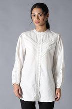 W for Woman White Top With Lace And Applique Embroidered Sleeves | Grocsy