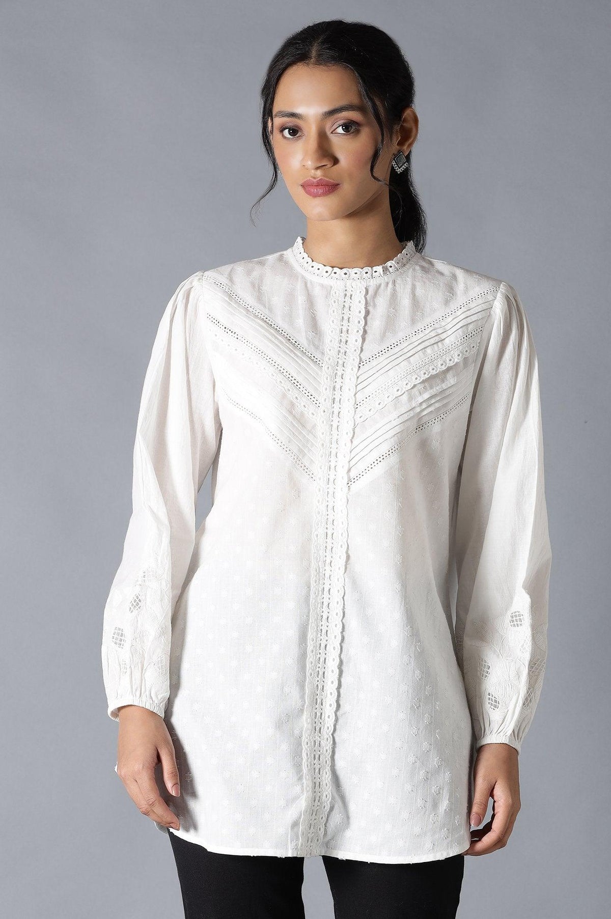 W for Woman White Top With Lace And Applique Embroidered Sleeves | Grocsy