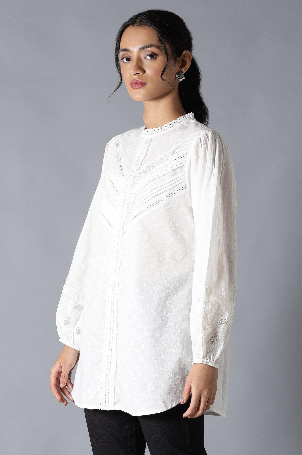 W for Woman White Top With Lace And Applique Embroidered Sleeves | Grocsy