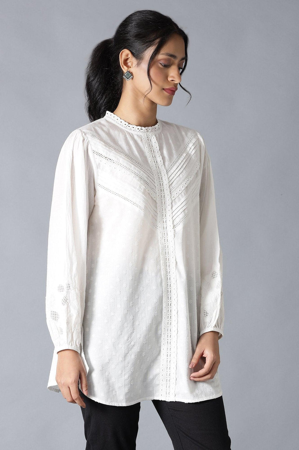 W for Woman White Top With Lace And Applique Embroidered Sleeves | Grocsy