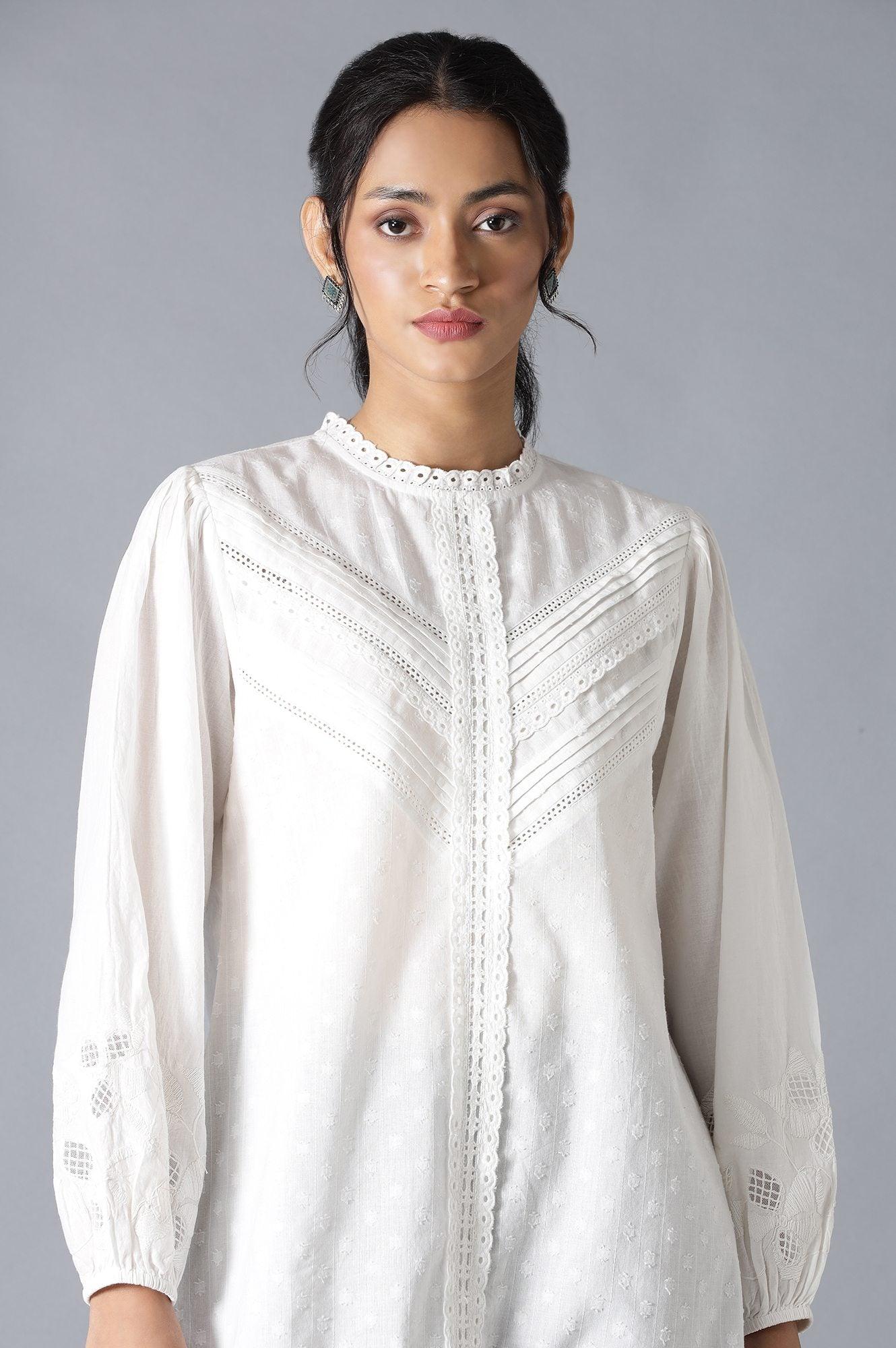 W for Woman White Top With Lace And Applique Embroidered Sleeves | Grocsy