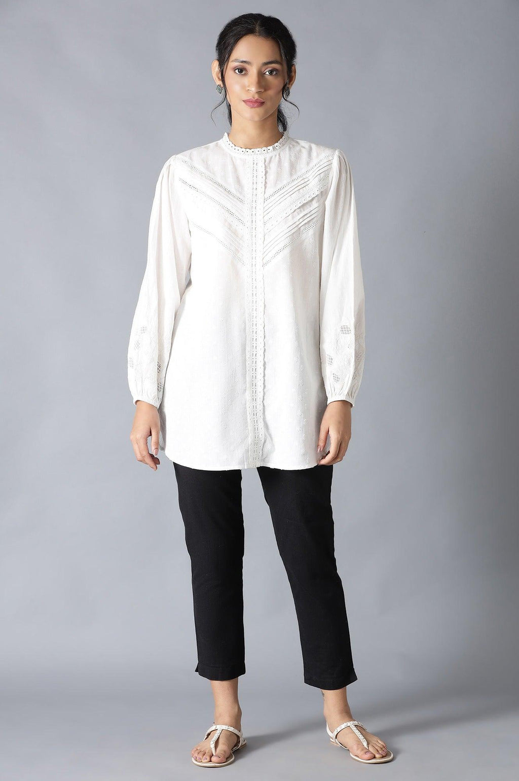 W for Woman White Top With Lace And Applique Embroidered Sleeves | Grocsy