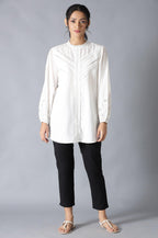 W for Woman White Top With Lace And Applique Embroidered Sleeves | Grocsy