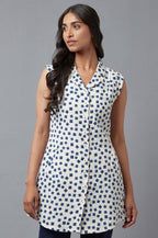 W for Woman Ecru And Blue Printed Lapel Collar Cotton Tunic | Grocsy